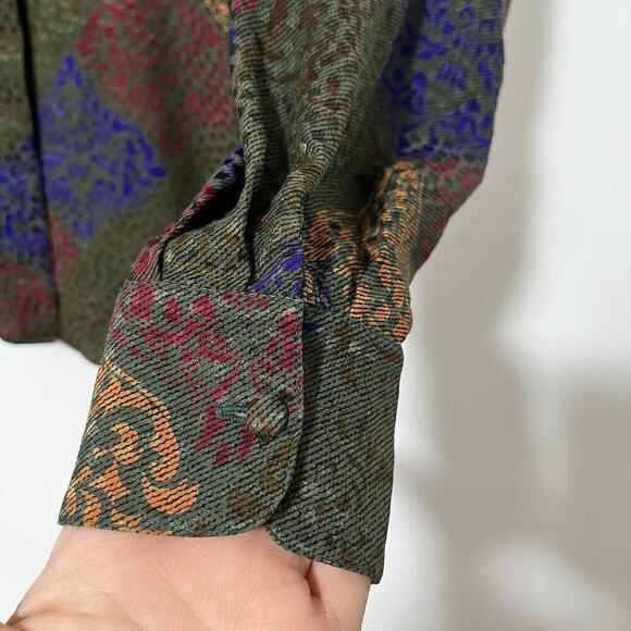 VTG St Johns Artsy Silk Button Blouse Size 6 Green Old Money 90s Abstract Print - Picture 5 of 7